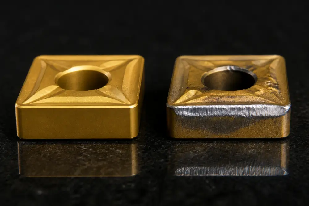 Microscopic comparison of new and worn carbide milling inserts showing flank wear at Dazao Machinery Microscopic comparison of new and worn carbide milling inserts showing flank wear at Dazao Machinery