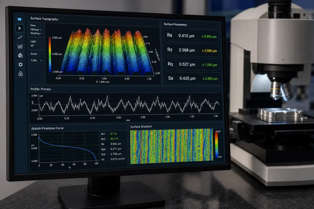 Optical profilometer scan demonstrating tool wear effects on surface finish and Ra roughness values Optical profilometer scan demonstrating tool wear effects on surface finish and Ra roughness values