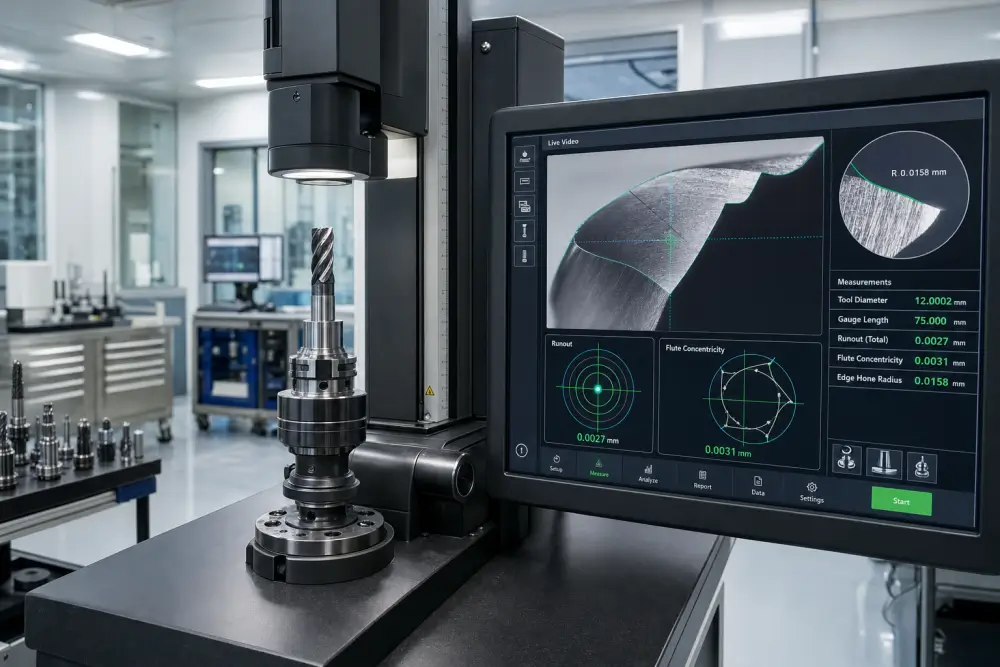 Precision optical tool presetter conducting CNC tool wear monitoring and edge radius inspection at Dazao Precision optical tool presetter conducting CNC tool wear monitoring and edge radius inspection at Dazao