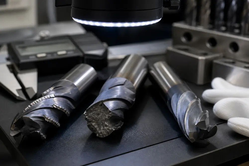 Macro inspection of chipped and fractured end mills during machining quality audit at Xiamen Dazao Machinery facility Macro inspection of chipped and fractured end mills during machining quality audit at Xiamen Dazao Machinery facility