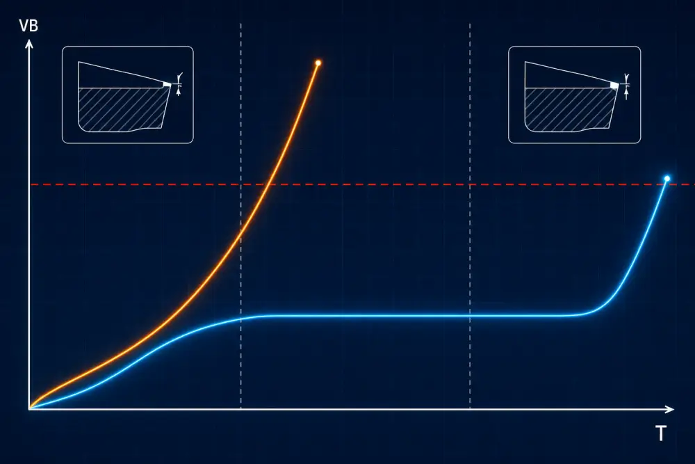 Flank wear progression comparison chart between micrograin tungsten carbide and standard HSS tools under continuous production Flank wear progression comparison chart between micrograin tungsten carbide and standard HSS tools under continuous production