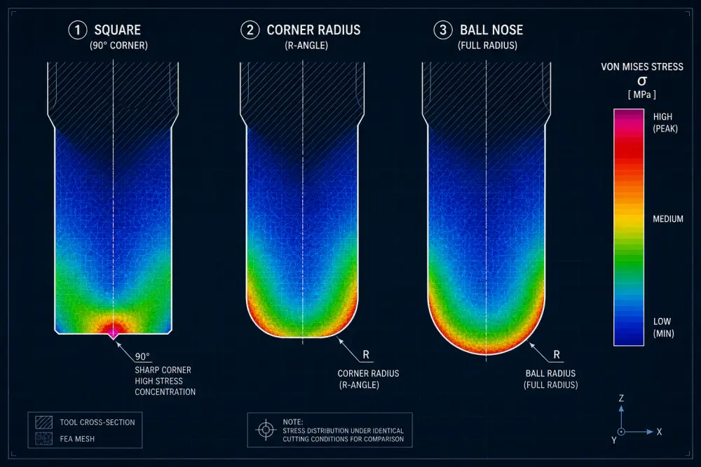 Technical engineering drawing showing stress distribution patterns on square, ball nose, and corner radius end mill cutting edges Technical engineering drawing showing stress distribution patterns on square, ball nose, and corner radius end mill cutting edges