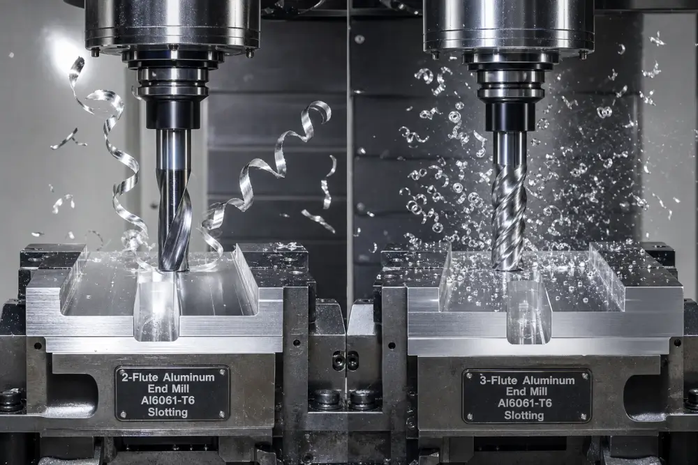 High-speed chip evacuation dynamics comparing 2-flute and 3-flute solid carbide end mills in Al6061-T6 slotting operations at Dazao shop floor High-speed chip evacuation dynamics comparing 2-flute and 3-flute solid carbide end mills in Al6061-T6 slotting operations at Dazao shop floor