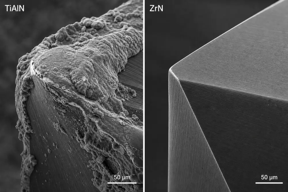 Scanning electron microscope comparison of chemical aluminum welding on TiAlN coated tool versus zero adhesion on ZrN coated carbide end mill Scanning electron microscope comparison of chemical aluminum welding on TiAlN coated tool versus zero adhesion on ZrN coated carbide end mill