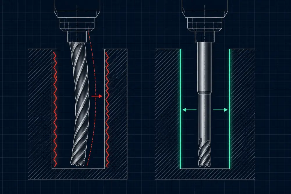 Technical engineering comparison between long flute length end mill and neck-relieved short-flute reach end mill for deep pocket milling Technical engineering comparison between long flute length end mill and neck-relieved short-flute reach end mill for deep pocket milling
