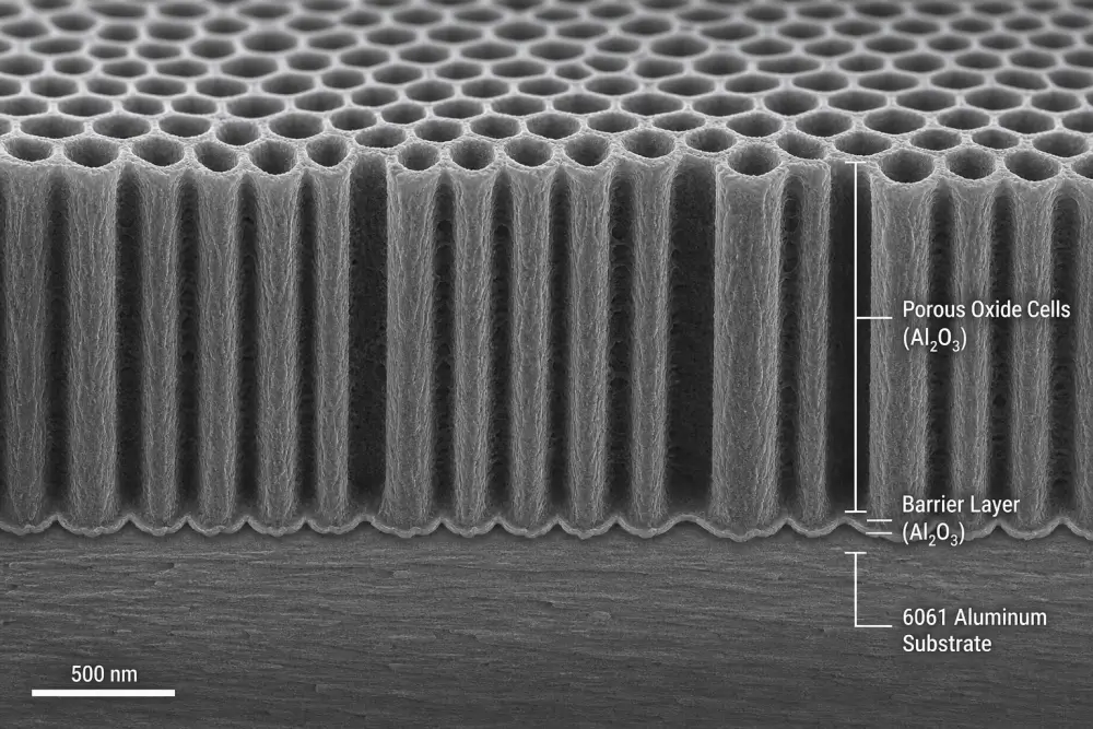 Scanning electron microscope cross-section diagram of anodic oxide cell growth on CNC machined 6061 aluminum Scanning electron microscope cross-section diagram of anodic oxide cell growth on CNC machined 6061 aluminum