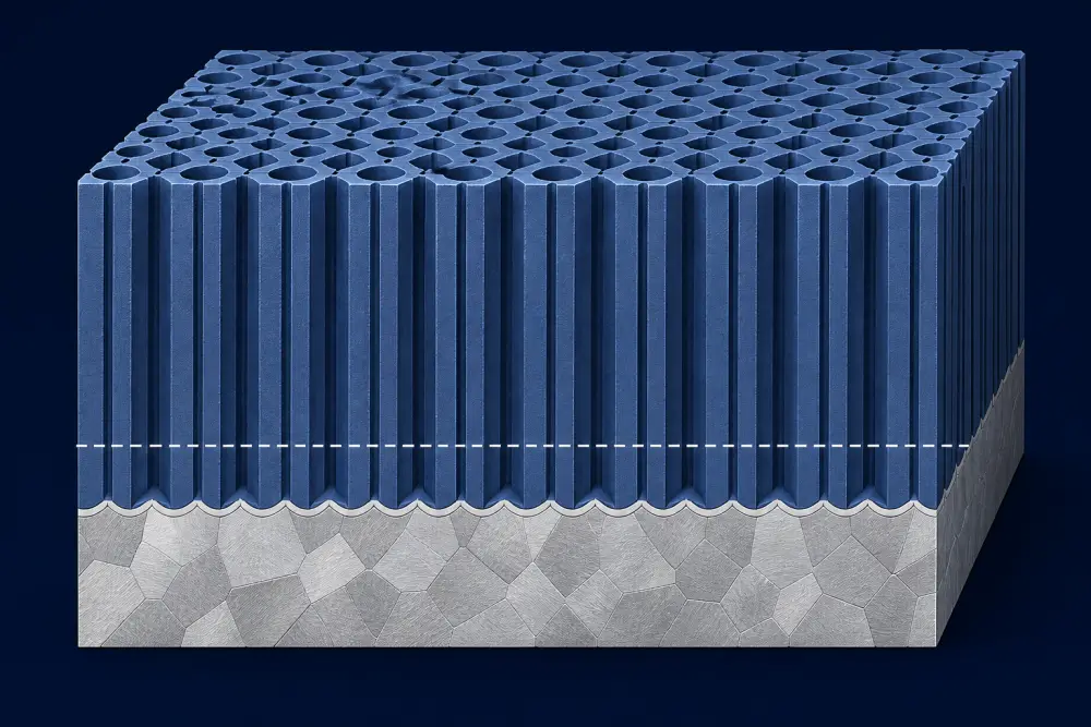 Microscopic cross section of Type III hard anodizing thickness on 6061 aluminum showing 50 percent penetration and 50 percent surface buildup Microscopic cross section of Type III hard anodizing thickness on 6061 aluminum showing 50 percent penetration and 50 percent surface buildup
