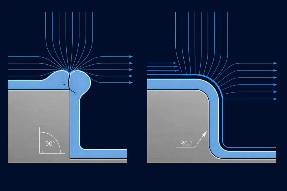 Technical engineering diagram demonstrating edge dog-boning build up on sharp corners compared to uniform coating on radiused corners Technical engineering diagram demonstrating edge dog-boning build up on sharp corners compared to uniform coating on radiused corners