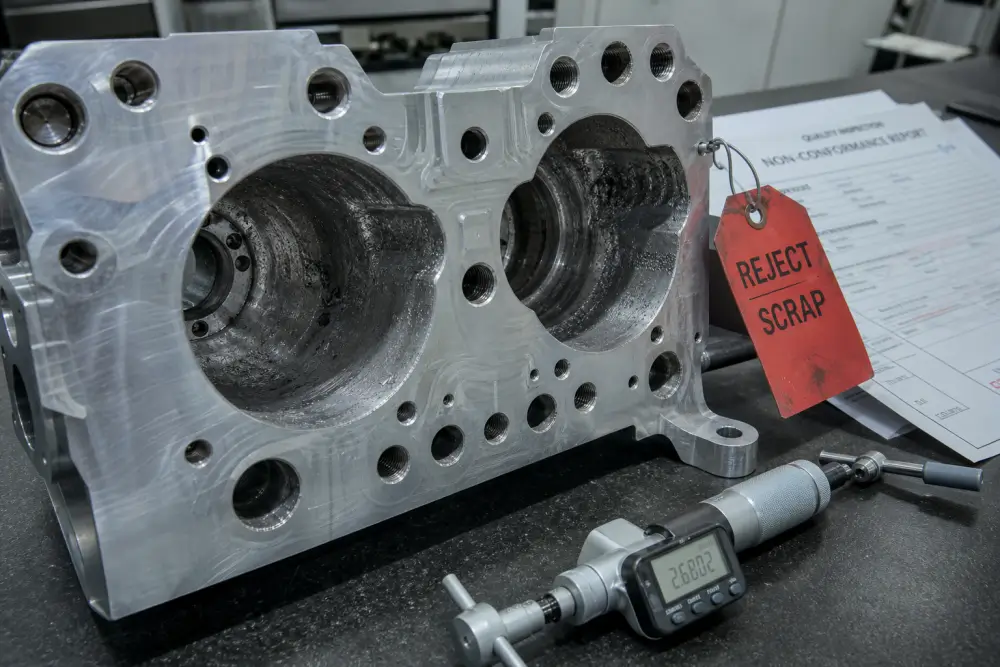 Scrapped aluminum CNC machined valve block with ruined bore dimensions after chemical stripping of hard anodize coating Scrapped aluminum CNC machined valve block with ruined bore dimensions after chemical stripping of hard anodize coating