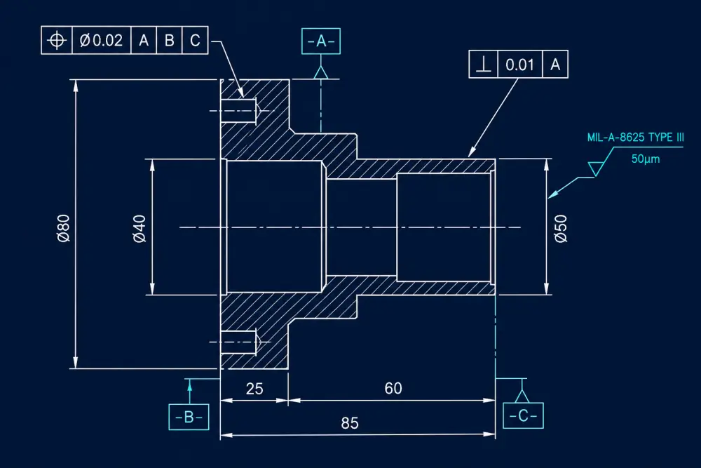Technical engineering drawing callout example for MIL-A-8625 Type III hard anodizing specifying dimensional tolerances before and after plate Technical engineering drawing callout example for MIL-A-8625 Type III hard anodizing specifying dimensional tolerances before and after plate