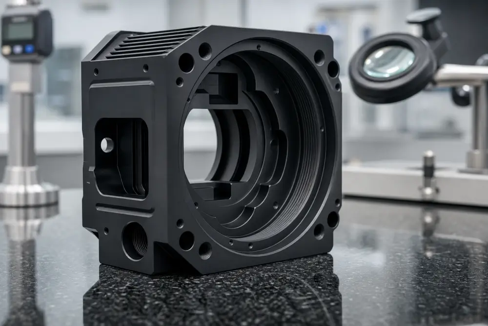 Precision CNC milled Al6061-T6 aerospace housing featuring uniform matte black anodized aluminum finish inspected at Dazao facility Precision CNC milled Al6061-T6 aerospace housing featuring uniform matte black anodized aluminum finish inspected at Dazao facility