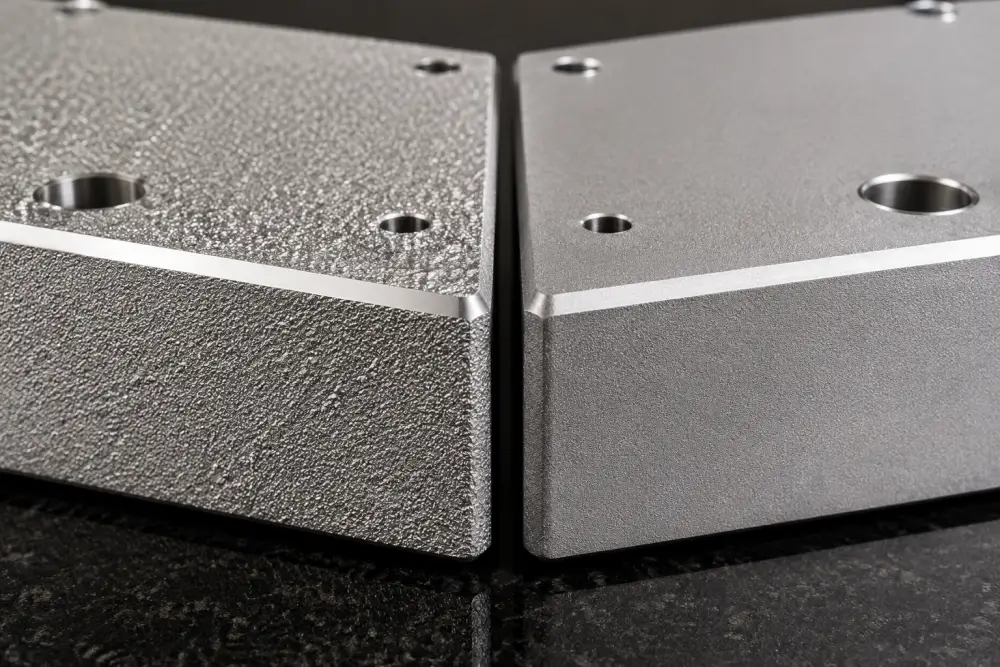 Surface texture comparison of bead blasted matte black anodized aluminum plates with different roughness profiles Surface texture comparison of bead blasted matte black anodized aluminum plates with different roughness profiles
