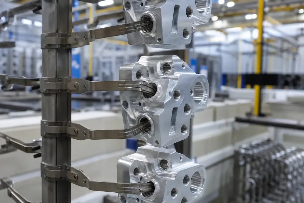 Custom titanium anodizing rack holding CNC machined aluminum components via non-critical internal threads at Dazao factory Custom titanium anodizing rack holding CNC machined aluminum components via non-critical internal threads at Dazao factory