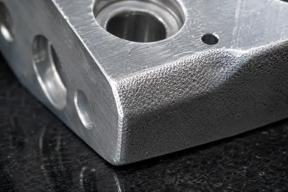 Macro inspection of sandblasted aluminum 6061 manifold showing critical corner radius degradation at Dazao Machinery quality control station Macro inspection of sandblasted aluminum 6061 manifold showing critical corner radius degradation at Dazao Machinery quality control station