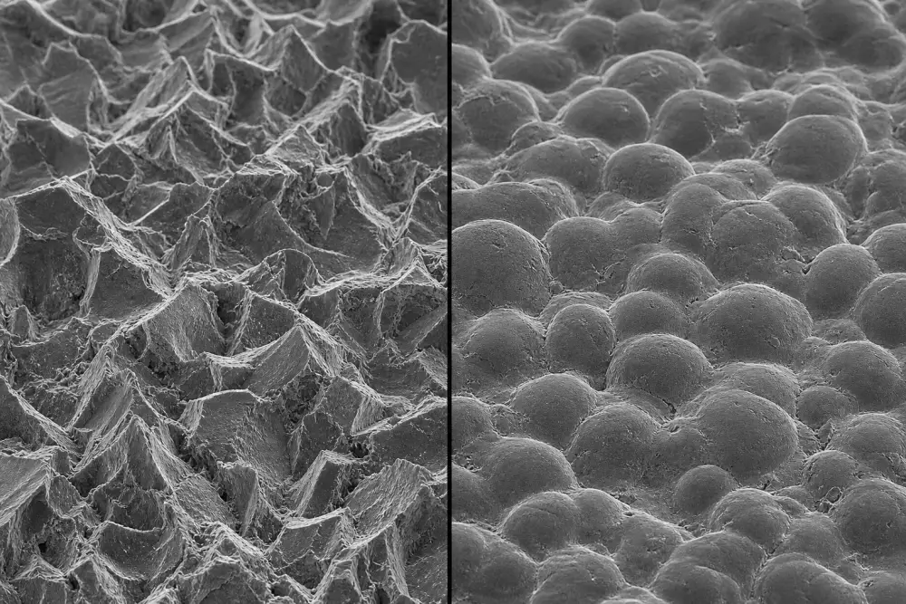 SEM micrograph comparison showing angular anchor profile from sandblasting vs spherical peening dimples from bead blasting on metal parts SEM micrograph comparison showing angular anchor profile from sandblasting vs spherical peening dimples from bead blasting on metal parts