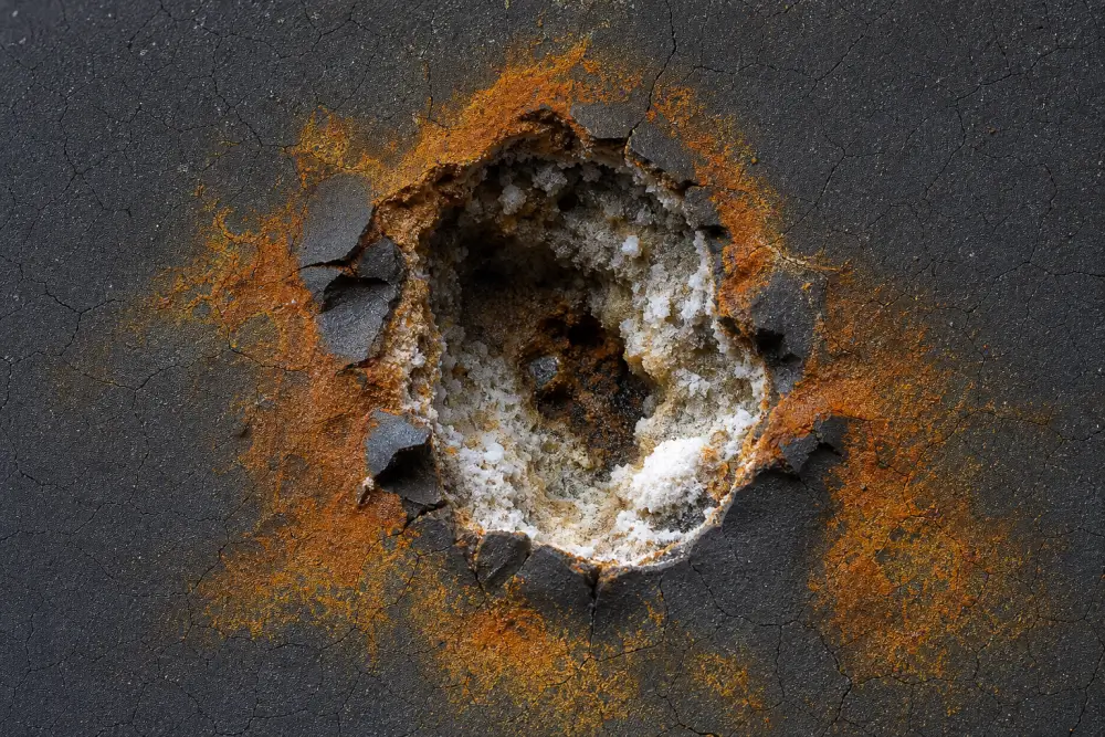 Galvanic corrosion pit on anodized 6061 aluminum caused by cross-contaminated sandblasting media Galvanic corrosion pit on anodized 6061 aluminum caused by cross-contaminated sandblasting media