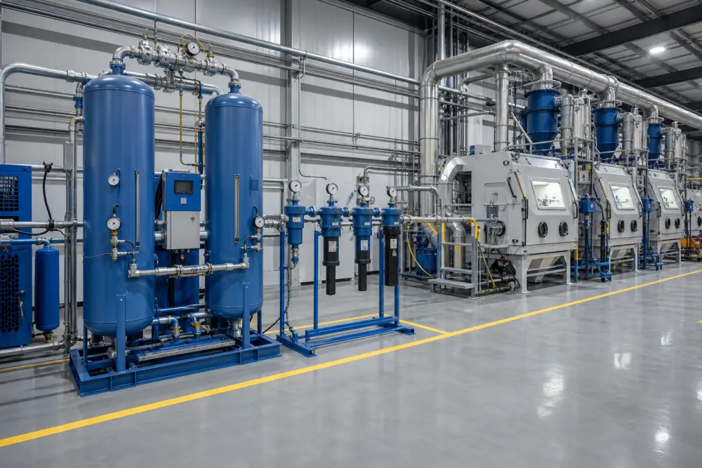 Industrial high-efficiency coalescing filtration and desiccant air drying line at Dazao Machinery surface preparation facility Industrial high-efficiency coalescing filtration and desiccant air drying line at Dazao Machinery surface preparation facility