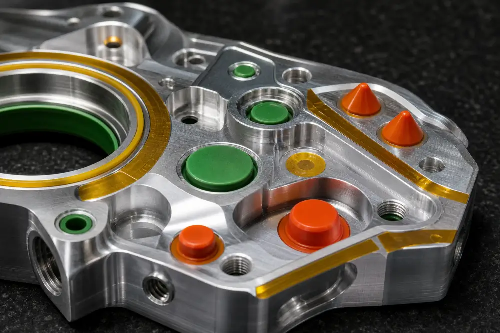 High-temperature silicone plugs and die-cut tape protecting bearing bores and internal threads during sandblasting metal parts at Dazao Machinery High-temperature silicone plugs and die-cut tape protecting bearing bores and internal threads during sandblasting metal parts at Dazao Machinery