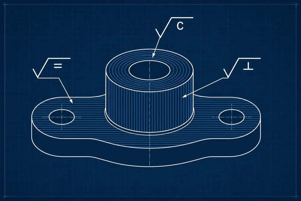 Engineering drawing illustration showing ASME Y14.36M lay symbols for brushed finish grain direction on a CNC milled plate Engineering drawing illustration showing ASME Y14.36M lay symbols for brushed finish grain direction on a CNC milled plate