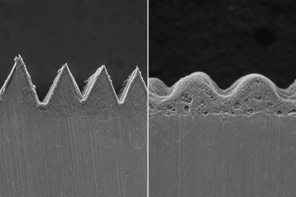 Scanning electron microscope comparison of mechanical brushed aluminum micro-ridges before and after alkaline chemical etching Scanning electron microscope comparison of mechanical brushed aluminum micro-ridges before and after alkaline chemical etching