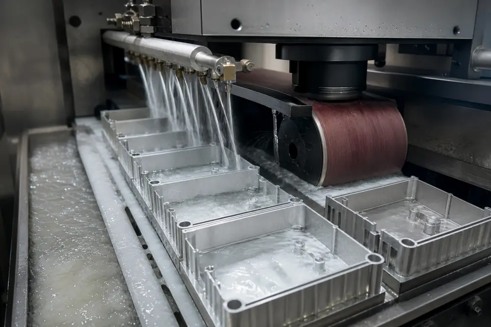 Automated wide-belt sanding machine processing thin-walled CNC aluminum parts at Dazao Machinery Automated wide-belt sanding machine processing thin-walled CNC aluminum parts at Dazao Machinery